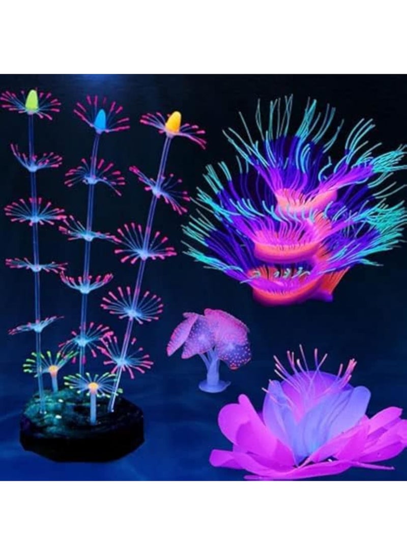 SYOSI 4 Pack Glow in The Dark Aquarium Plants - Silicone Sea Anemone Coral Decor for Fish Tanks, Safe Glowing Ornaments for Tropical Fish, Betta & Glofish Tanks (Multi-Color) - Image 1