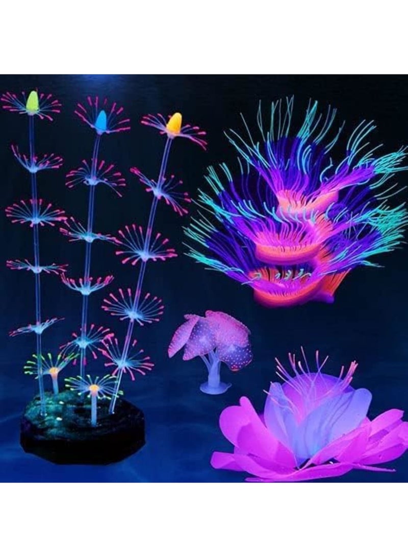 SYOSI 4 Pack Glow in The Dark Aquarium Plants - Silicone Sea Anemone Coral Decor for Fish Tanks, Safe Glowing Ornaments for Tropical Fish, Betta & Glofish Tanks (Multi-Color) - Image 2