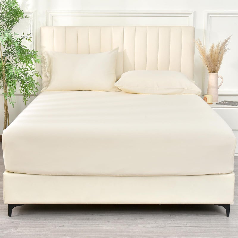 PHF PHF 100% Rayon Derived from Bamboo Cooling Fitted Sheet Queen Size for Hot Sleeper 16"" Deep Pocket 2.5cm Wider Strong Elastic Band Easy Fit  Breathable Silky Soft  60""x 80"" Cream No Pillowcases  - Image 1