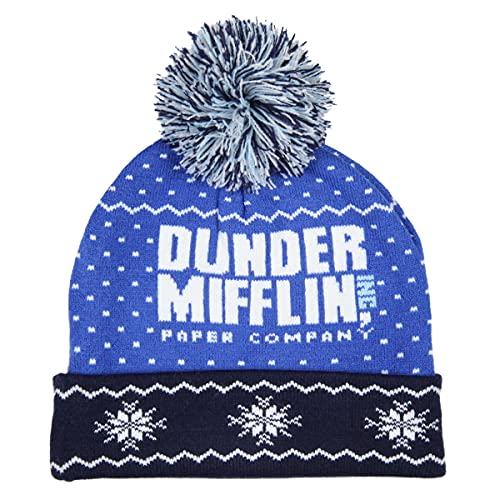 Culturefly The Office Dunder Mifflin Paper Company Fairisle Cuff Knit Pom Beanie Hat Blue - Image 1