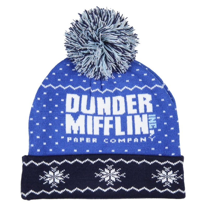 Culturefly The Office Dunder Mifflin Paper Company Fairisle Cuff Knit Pom Beanie Hat Blue - Image 4