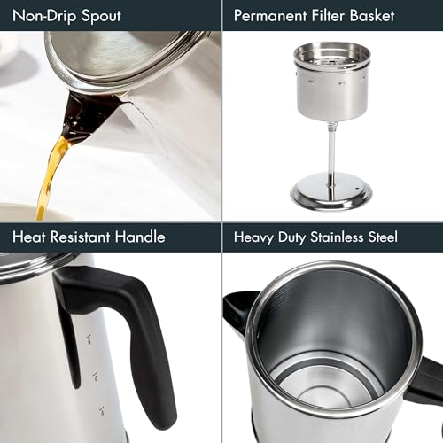 Primula Stovetop Coffee Percolator, Premium Stainless Steel Coffee Maker with Reusable Filter Basket, Non-Drip Spout, Glass Knob Brew Indicator and Heat Resistant Handle, Dishwasher Safe, 8 Cup - Image 4