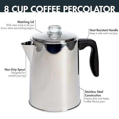 Primula Stovetop Coffee Percolator, Premium Stainless Steel Coffee Maker with Reusable Filter Basket, Non-Drip Spout, Glass Knob Brew Indicator and Heat Resistant Handle, Dishwasher Safe, 8 Cup - Image 2