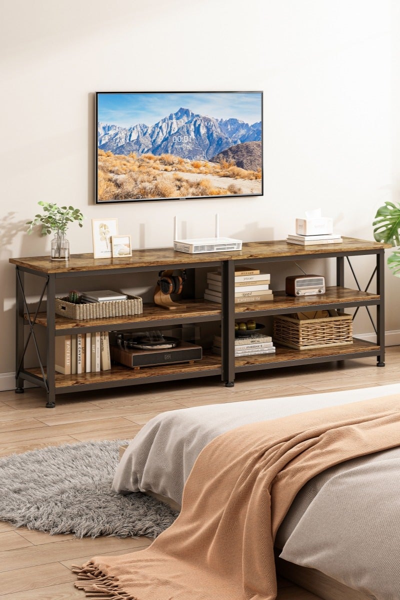 هارلان ١٦٠*٤٠*٦٠ سم، حامل تلفزيون حتى ٧٠ بوصة، طاولة تلفزيون مع رفوف تخزين خشبية بثلاث طبقات، مركز ترفيه عصري وطاولة كونسول تلفزيون صناعية لغرفة المعيشة وغرفة النوم، لون بني ريفي. - Image 1