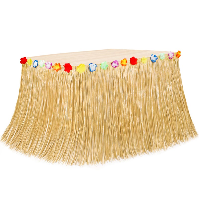 Huskein Luau Party Decorations, Natural Hawaiian Grass Table Skirt, Flower 108 X 29.5" Grass Skirts Tropical Luau Party Favors, Table Skirt for Luau Summer Tropical Indoor Outdoor Parties Decor Accessories - Image 1