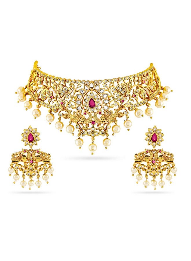 Rubans مجموعة مجوهرات يدوية الصنع مزينة بحجر الياقوت الوردي الأبيض ومطلية بالذهب عيار 22 قيراط للنساء - Image 1