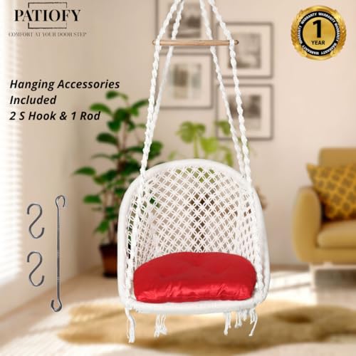 Patiofy Swing for Adults & Kids/Swing for Balcony/Swing Chair for Adults for Home/Cotton D Shape Wooden Swing/Jhula for Adults/Jhoola/Swing for Indoor/Includes Hanging Kit & Red Cushion-White - Image 2