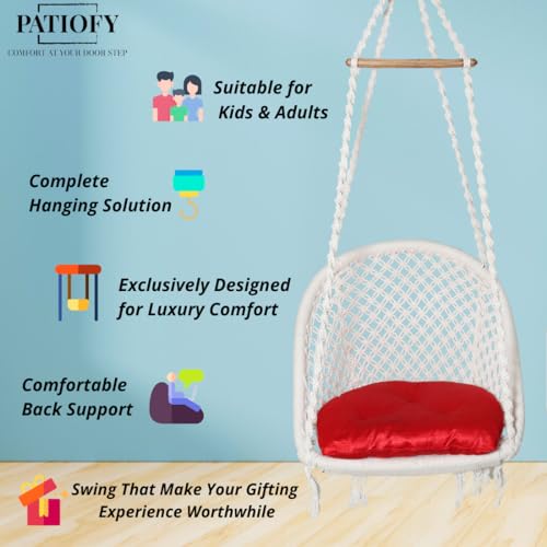 Patiofy Swing for Adults & Kids/Swing for Balcony/Swing Chair for Adults for Home/Cotton D Shape Wooden Swing/Jhula for Adults/Jhoola/Swing for Indoor/Includes Hanging Kit & Red Cushion-White - Image 5
