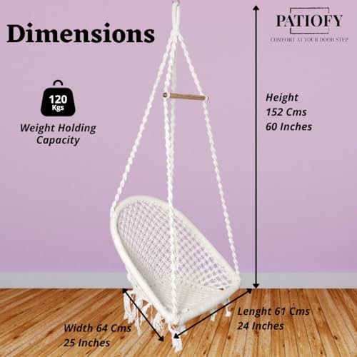 Patiofy Swing for Adults & Kids/Swing for Balcony/Swing Chair for Adults for Home/Cotton D Shape Wooden Swing/Jhula for Adults/Jhoola/Swing for Indoor/Includes Hanging Kit & Red Cushion-White - Image 3