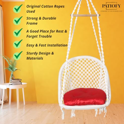 Patiofy Swing for Adults & Kids/Swing for Balcony/Swing Chair for Adults for Home/Cotton D Shape Wooden Swing/Jhula for Adults/Jhoola/Swing for Indoor/Includes Hanging Kit & Red Cushion-White - Image 4