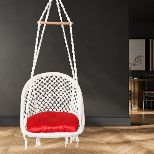 Patiofy Swing for Adults & Kids/Swing for Balcony/Swing Chair for Adults for Home/Cotton D Shape Wooden Swing/Jhula for Adults/Jhoola/Swing for Indoor/Includes Hanging Kit & Red Cushion-White - Image 1