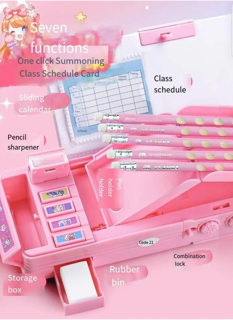Generic - Password lock pop-up multi-functional pencil case for girls, cute cartoon pencil case with pencil sharpener, schedule, whiteboard, study supplies, making it the best birthday gift for children and teenagers - Image 1
