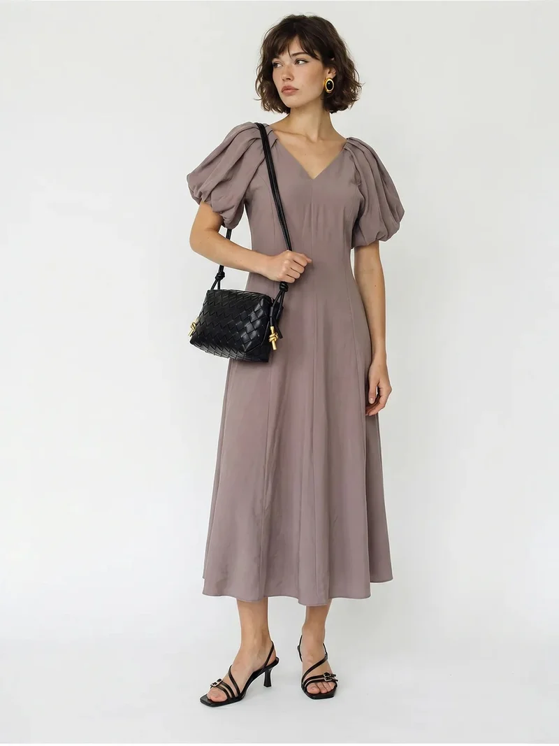 Bianco Lucci Mauve Purple LUCCI A-line Midi Dress With V-neck And Zipper for Women | Best Price UAE