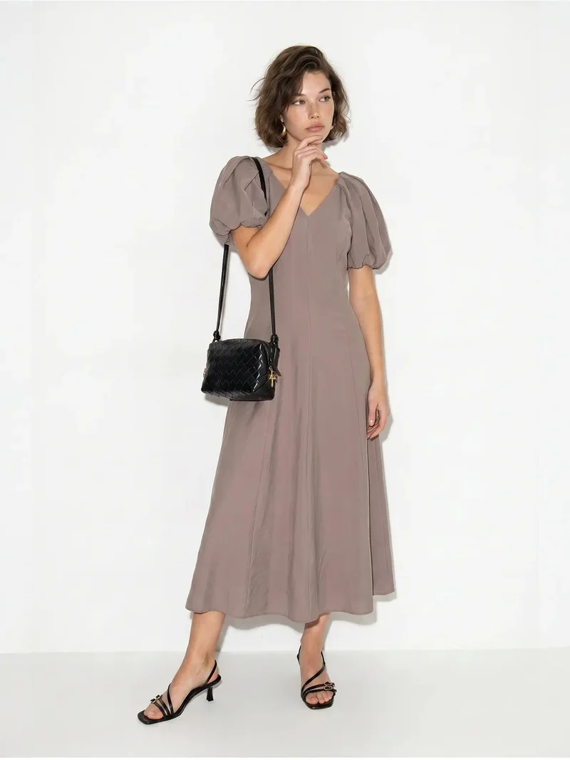 Bianco Lucci Mauve Purple LUCCI A-line Midi Dress With V-neck And Zipper for Women | Best Price UAE