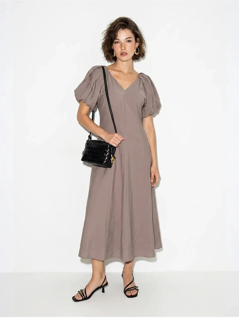 Bianco Lucci Mauve Purple LUCCI A-line Midi Dress With V-neck And Zipper for Women | Best Price UAE