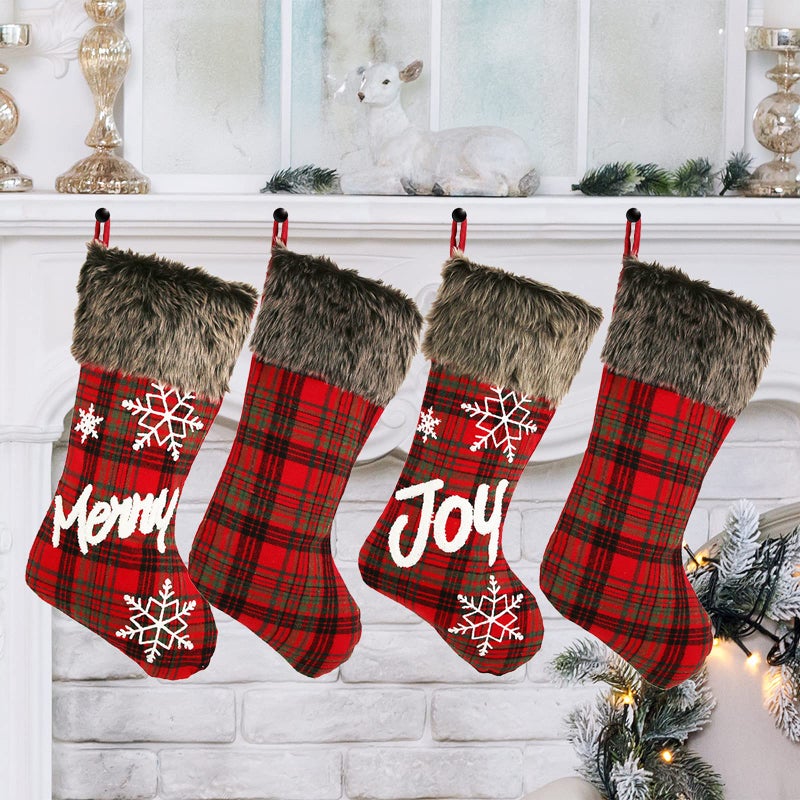 Sunnyglade 4 Pack 185 Christmas Stocking Classic Red  Black Buffalo Plaid Stockings and Plush Faux Fur Cuff Stockings for Family Holiday Christmas Party Decorations