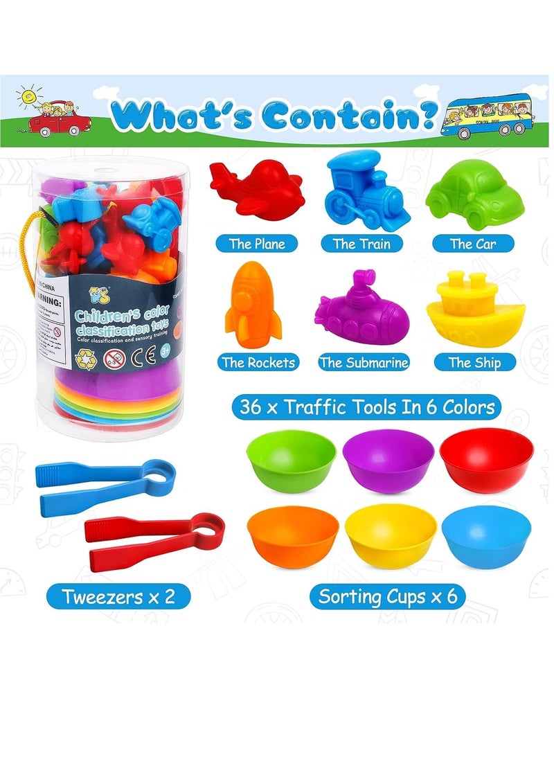 XICEN - Counting Toys Vehicles Cars Planes Matching Game with Sorting Bowls Sensory Training Activities Montessori Educational Toys Preschool Math Learning Toys Gift for 3+Year Old Kids Boys Girls - Image 1
