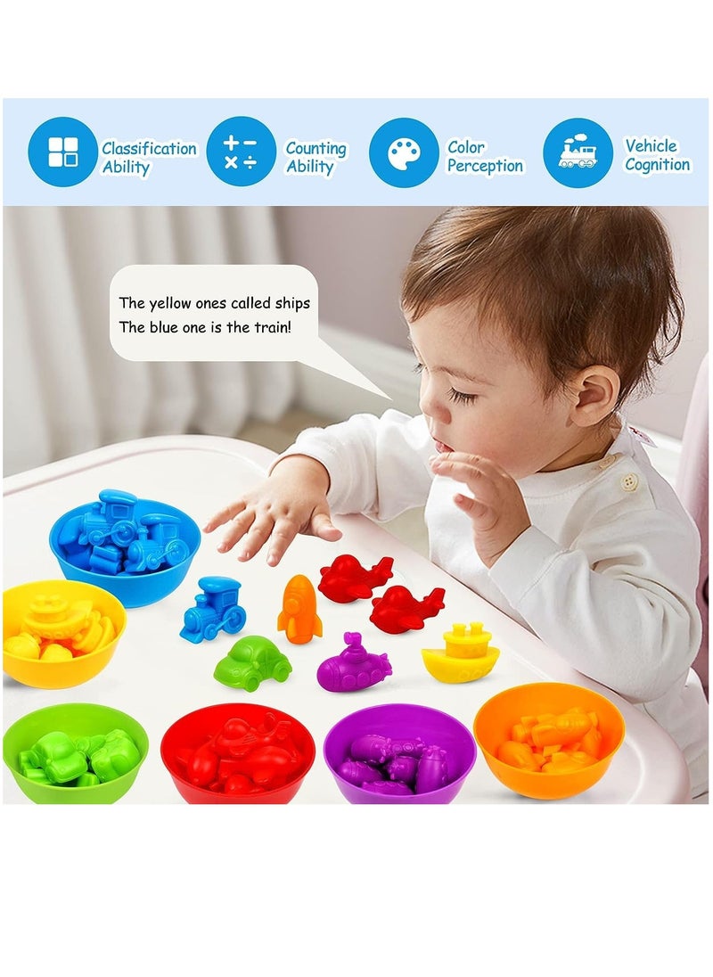 XICEN - Counting Toys Vehicles Cars Planes Matching Game with Sorting Bowls Sensory Training Activities Montessori Educational Toys Preschool Math Learning Toys Gift for 3+Year Old Kids Boys Girls - Image 1