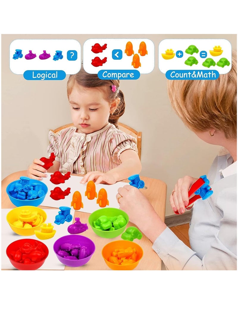 XICEN - Counting Toys Vehicles Cars Planes Matching Game with Sorting Bowls Sensory Training Activities Montessori Educational Toys Preschool Math Learning Toys Gift for 3+Year Old Kids Boys Girls - Image 1