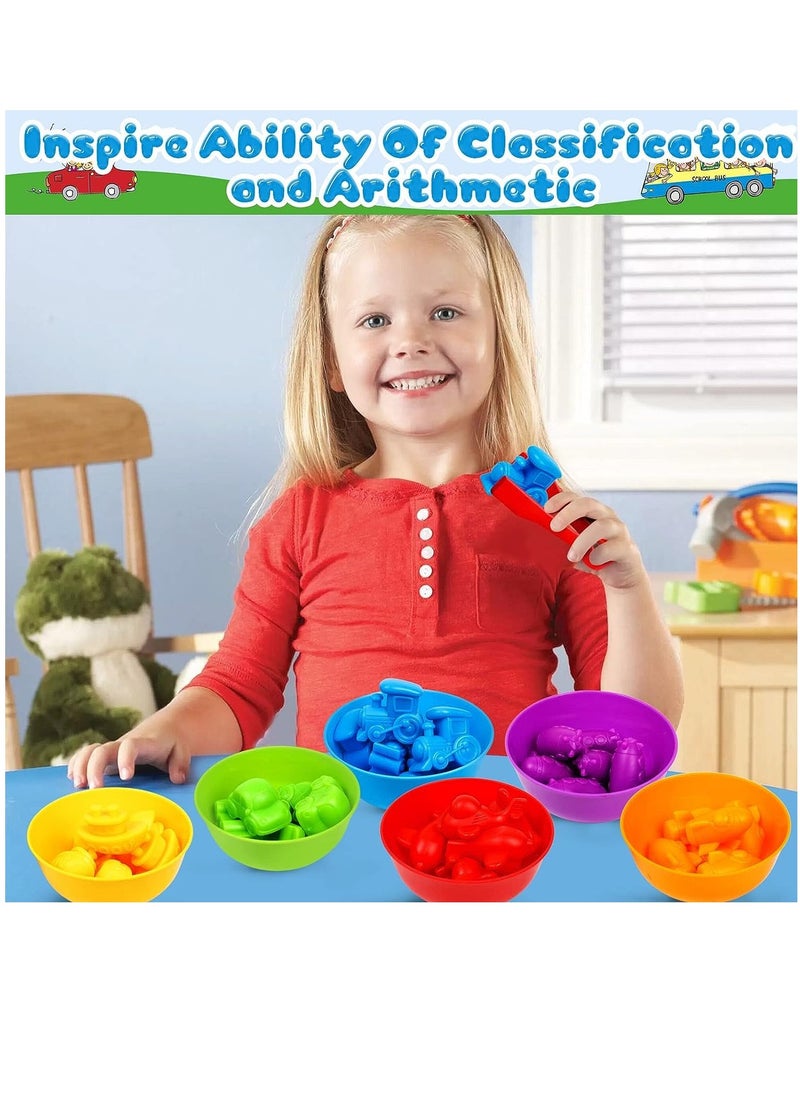 XICEN - Counting Toys Vehicles Cars Planes Matching Game with Sorting Bowls Sensory Training Activities Montessori Educational Toys Preschool Math Learning Toys Gift for 3+Year Old Kids Boys Girls - Image 1