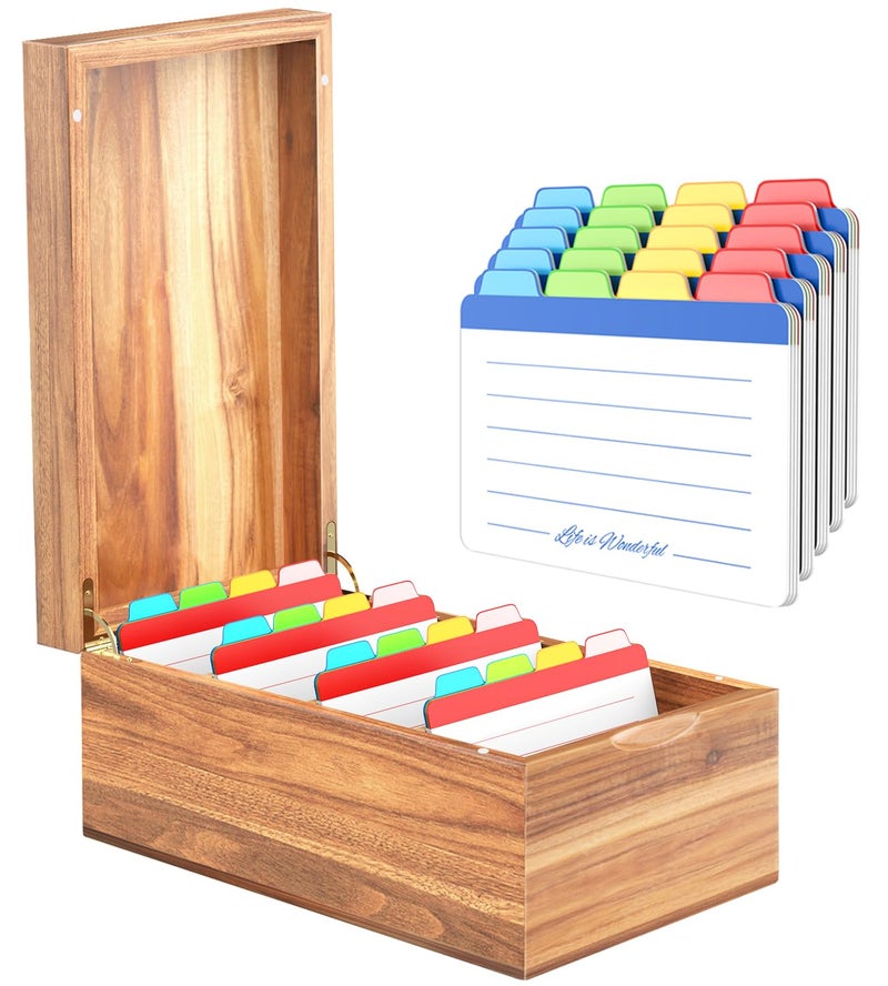 Neando 4â€™â€™x6â€™â€™ Index Card Holder, Acacia Index Card Box, Index Card Organizer Case, Wood Recipe Box with Dividers, 4 Compartments for 600 Cards, File Note Flash Card Holders - Image 1