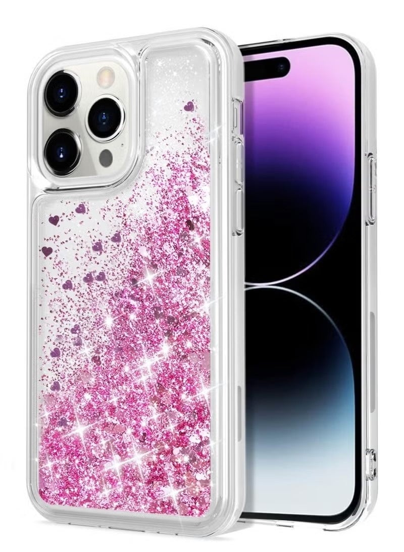 Glitter Liquid Case for iPhone 14 Pro Max – Sparkly Pink Heart Design, Shockproof Transparent TPU Cover, 6.7-Inch - Image 1