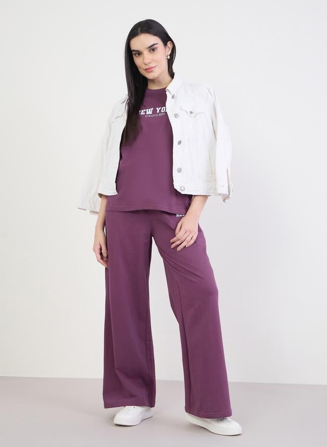 Styli Purple Slogan Boxy T-Shirt and Wide Leg Joggers Co-Ords - Image 1