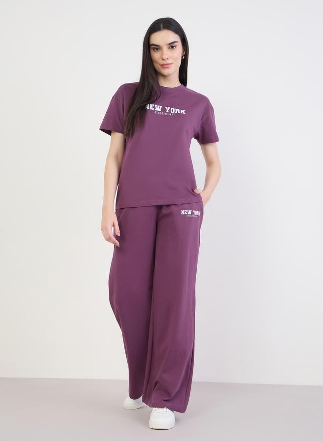 Styli Purple Slogan Boxy T-Shirt and Wide Leg Joggers Co-Ords - Image 2