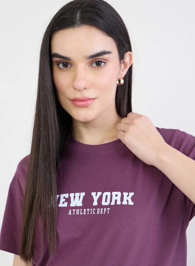Styli Purple Slogan Boxy T-Shirt and Wide Leg Joggers Co-Ords