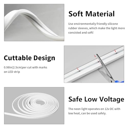 iNextStation 12V White LED Strip Lights 16.4FT, Flexible Silicone Neon Rope Light, Waterproof, Cuttable, Dimmable & Linkable, for Cabinet, Ceiling, Wall, Bedroom, Kitchen, Garage (No Adapter) - Image 5