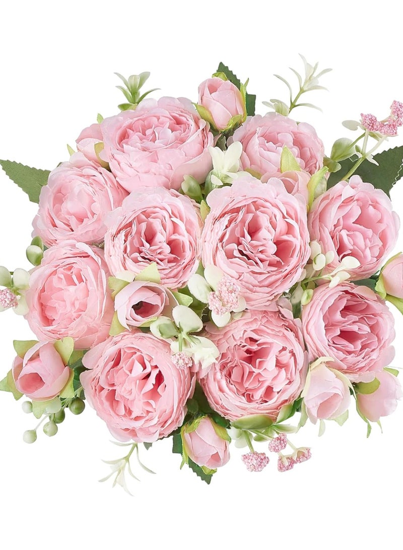 Peonies Artificial Flowers, Small Silk Flowers for Home Decor Indoor Fake Bouquet Faux Floral Arrangements Dining Table Centerpieces for Kitchen Bridal Wedding Party Decor - Image 1
