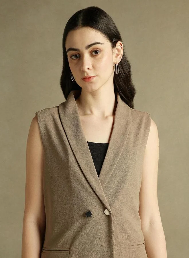 Dennis Lingo Solid Button Sleeveless Longline Blazer by Styli