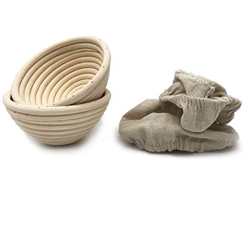 Jranter 5 Inch Round Banneton Bread Proofing Basket 2 pcs Natural Rattan Cane Brotform Handmade& Linen Liner Cloth - Image 1