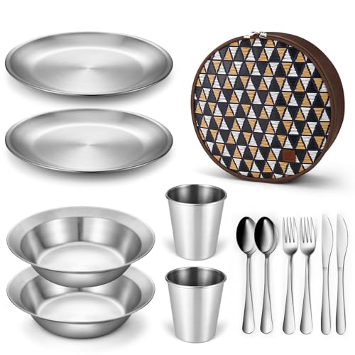 Odoland Stainless Steel Camping Mess Kit for Family & 2 Person, Cooking Tableware Utensils with Plates Bowls Forks Spoons Knives & Savings Bag for Camping, Backpacking, Hiking, Picnic, 2 Person Set - Image 1