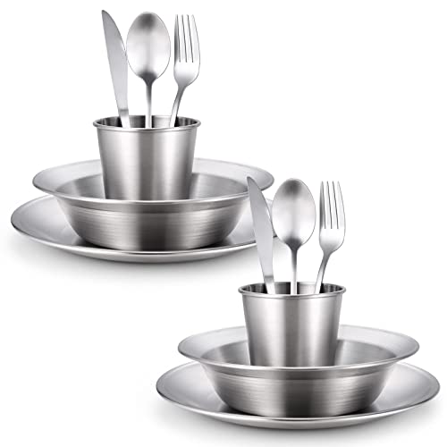 Odoland Stainless Steel Camping Mess Kit for Family & 2 Person, Cooking Tableware Utensils with Plates Bowls Forks Spoons Knives & Savings Bag for Camping, Backpacking, Hiking, Picnic, 2 Person Set - Image 2