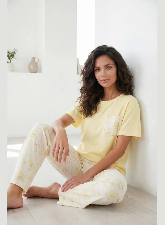 Lela Lela Cotton Regular Fit Crew Neck Pajama Set with Pocket Details Women's Pajama Set 6091325