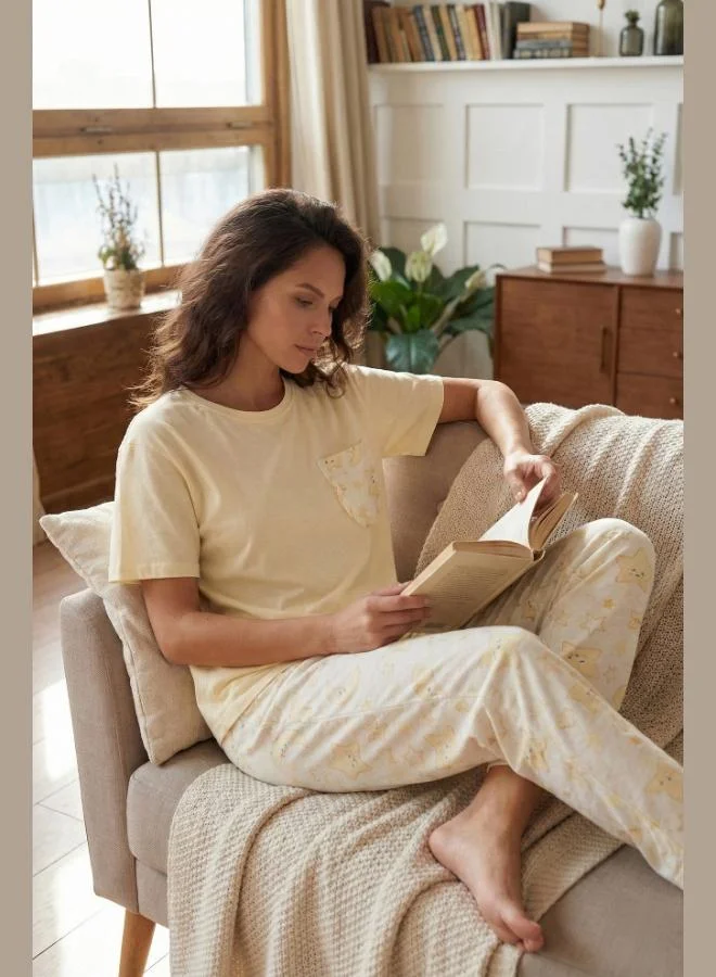 Lela Lela Cotton Regular Fit Crew Neck Pajama Set with Pocket Details Women's Pajama Set 6091325