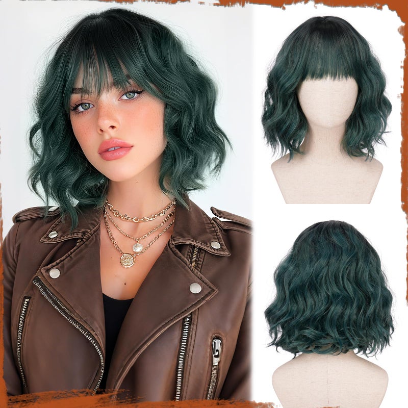 SOFEIYAN Short Wavy Dark Green Wig - 12 Inch Bob Wig with Bangs for Women Curly Shoulder Length Bob Wig with Bangs Soft Synthetic Hair Wigs for Girls Daily Party Use - Image 1
