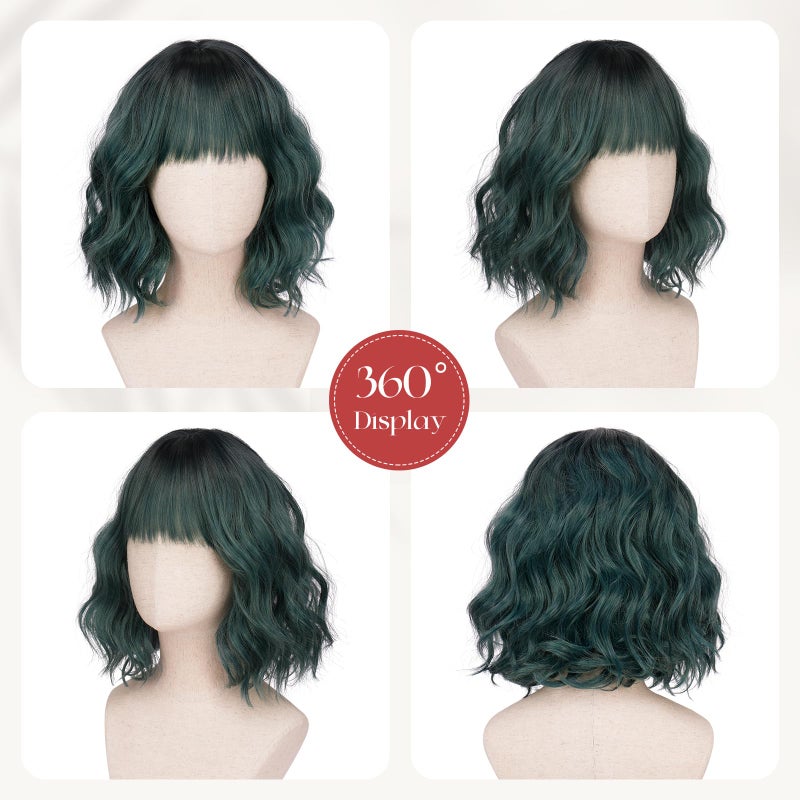 SOFEIYAN Short Wavy Dark Green Wig - 12 Inch Bob Wig with Bangs for Women Curly Shoulder Length Bob Wig with Bangs Soft Synthetic Hair Wigs for Girls Daily Party Use - Image 4