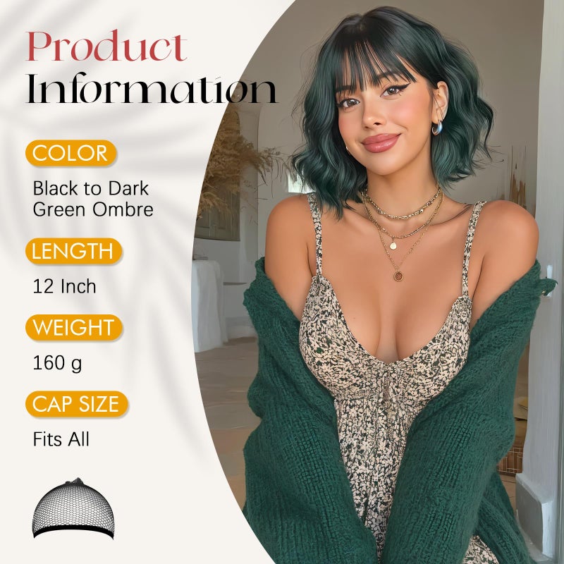 SOFEIYAN Short Wavy Dark Green Wig - 12 Inch Bob Wig with Bangs for Women Curly Shoulder Length Bob Wig with Bangs Soft Synthetic Hair Wigs for Girls Daily Party Use - Image 2