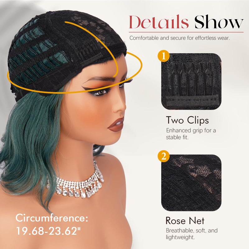 SOFEIYAN Short Wavy Dark Green Wig - 12 Inch Bob Wig with Bangs for Women Curly Shoulder Length Bob Wig with Bangs Soft Synthetic Hair Wigs for Girls Daily Party Use - Image 5