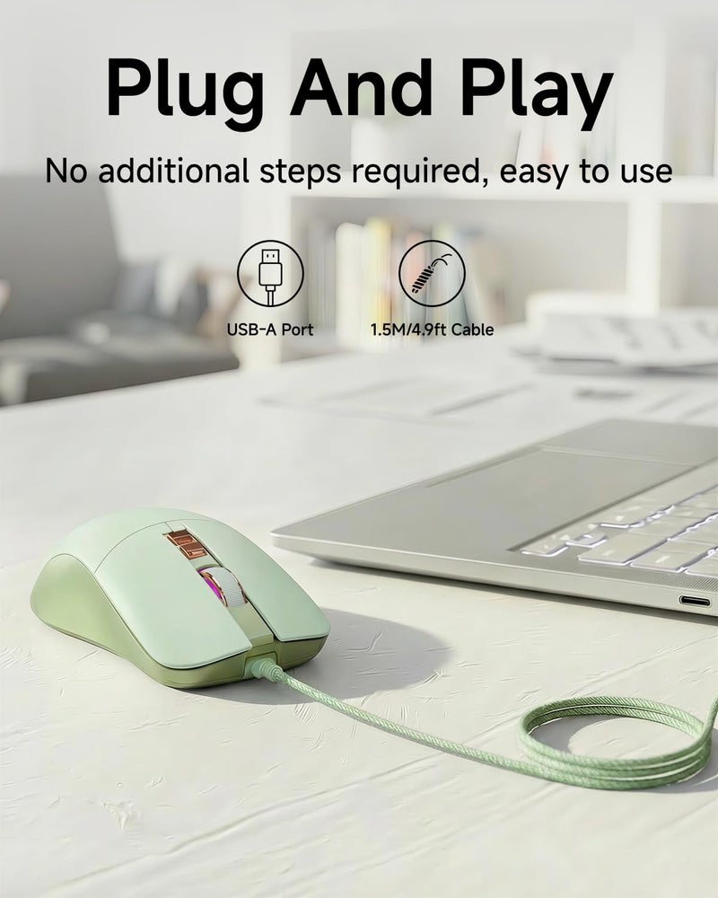 SEUNKWANG EWEADN G309 Wired Mouse, 7-Button Ergonomic Computer Corded Mouse with 2400 DPI, 4 Adjustment Levels DPI, Optical Office USB Mice with 5FT Cord for Laptop, PC, Desktop, MacBook-Green - Image 4