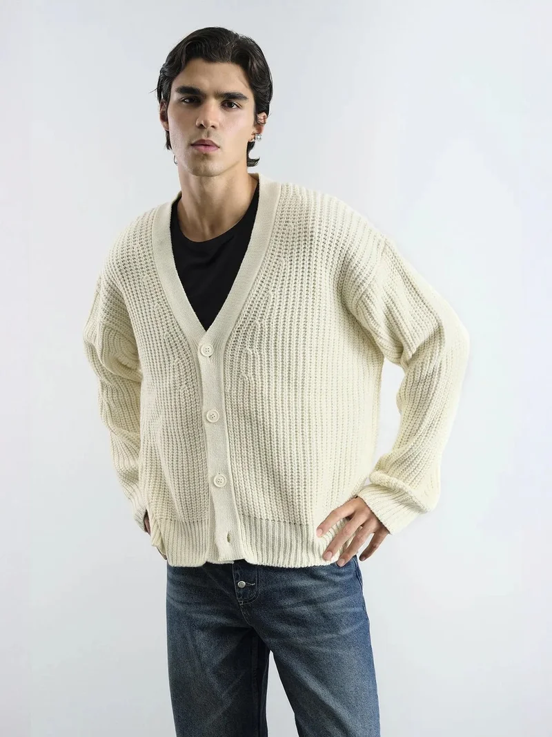Giesto GIESTO Textured Knitwear V-Neck Cardigan with Button Closure