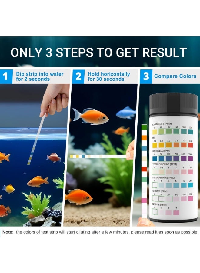 ريزونيكس شرائط اختبار أحواض السمك 7 في 1 - جهاز اختبار جودة المياه للمياه العذبة والمالحة، اختبار سريع ودقيق لأحواض الأسماك لقياس درجة الحموضة والكلور والنترات والنتريت والصلابة والقلوية (100 شريط) - Image 2