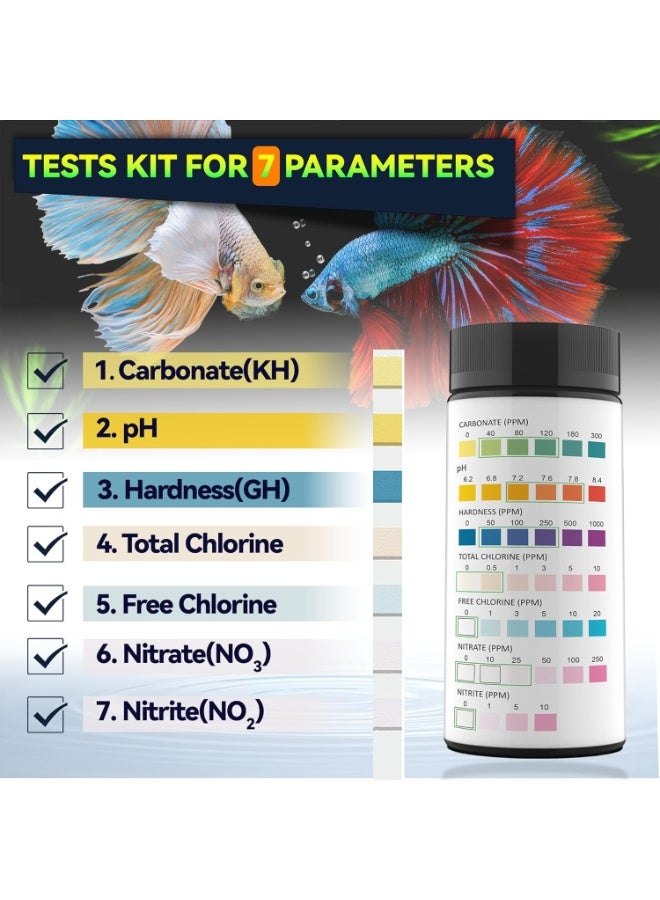 ريزونيكس شرائط اختبار أحواض السمك 7 في 1 - جهاز اختبار جودة المياه للمياه العذبة والمالحة، اختبار سريع ودقيق لأحواض الأسماك لقياس درجة الحموضة والكلور والنترات والنتريت والصلابة والقلوية (100 شريط) - Image 3