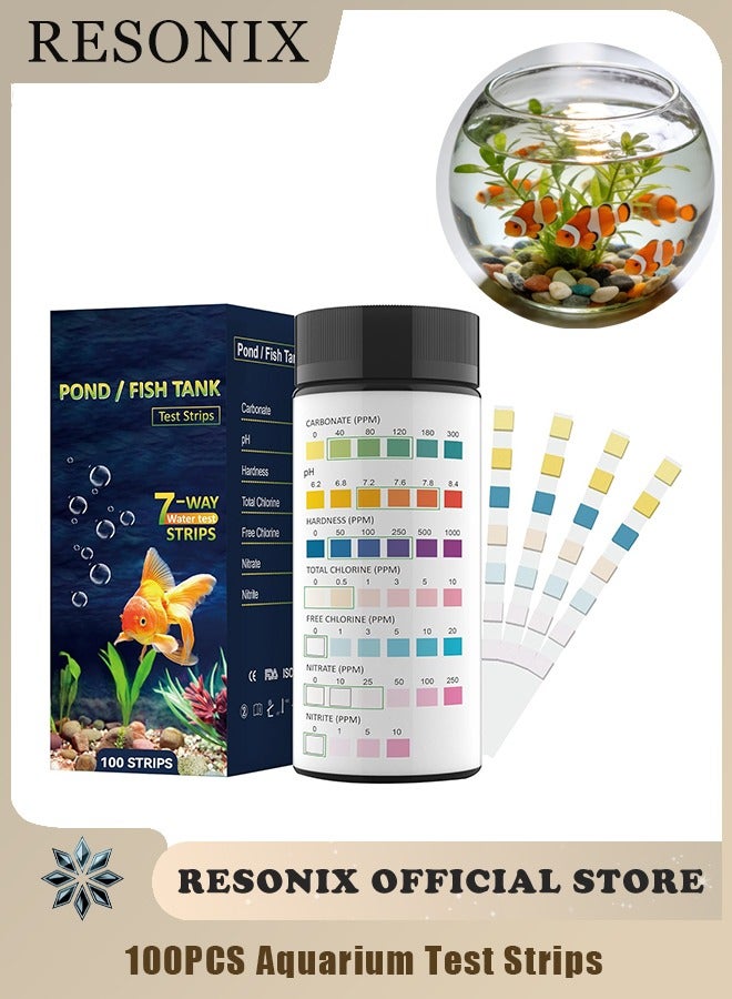 ريزونيكس شرائط اختبار أحواض السمك 7 في 1 - جهاز اختبار جودة المياه للمياه العذبة والمالحة، اختبار سريع ودقيق لأحواض الأسماك لقياس درجة الحموضة والكلور والنترات والنتريت والصلابة والقلوية (100 شريط) - Image 1
