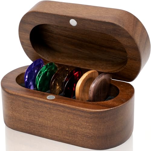 Onmiwod Guitar Pick Holder Set with 2 Color Wood Picks and 8 Celluloid Picks in 3 Thicknesses, Wooden Guitar Pick Case, Mini Jewelry Box, Guitar Music Accessories Gifts for Guitar Lover Player - Image 1
