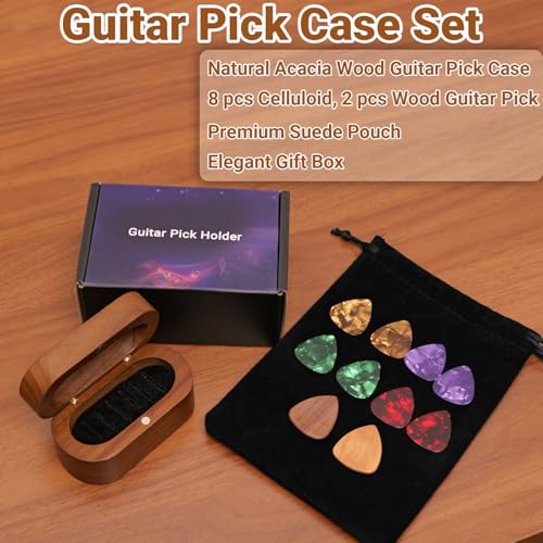 Onmiwod Guitar Pick Holder Set with 2 Color Wood Picks and 8 Celluloid Picks in 3 Thicknesses, Wooden Guitar Pick Case, Mini Jewelry Box, Guitar Music Accessories Gifts for Guitar Lover Player - Image 4