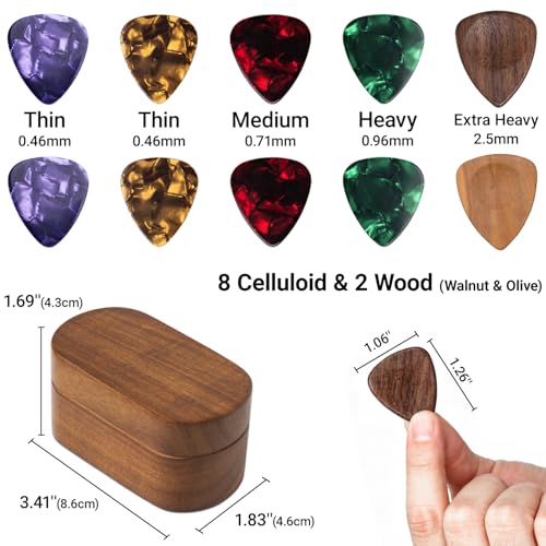 Onmiwod Guitar Pick Holder Set with 2 Color Wood Picks and 8 Celluloid Picks in 3 Thicknesses, Wooden Guitar Pick Case, Mini Jewelry Box, Guitar Music Accessories Gifts for Guitar Lover Player - Image 3