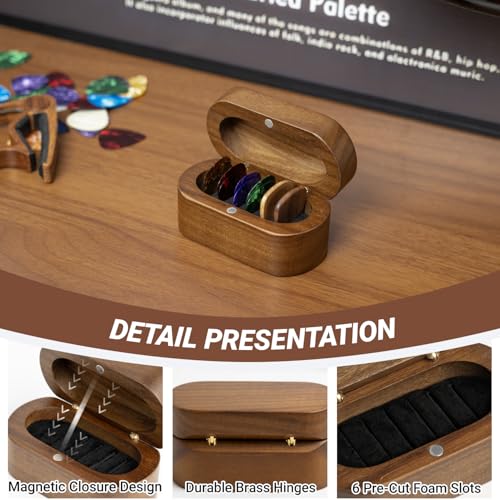 Onmiwod Guitar Pick Holder Set with 2 Color Wood Picks and 8 Celluloid Picks in 3 Thicknesses, Wooden Guitar Pick Case, Mini Jewelry Box, Guitar Music Accessories Gifts for Guitar Lover Player - Image 2